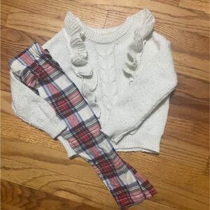 White Ruffled Sweater and Plaid Pants Set